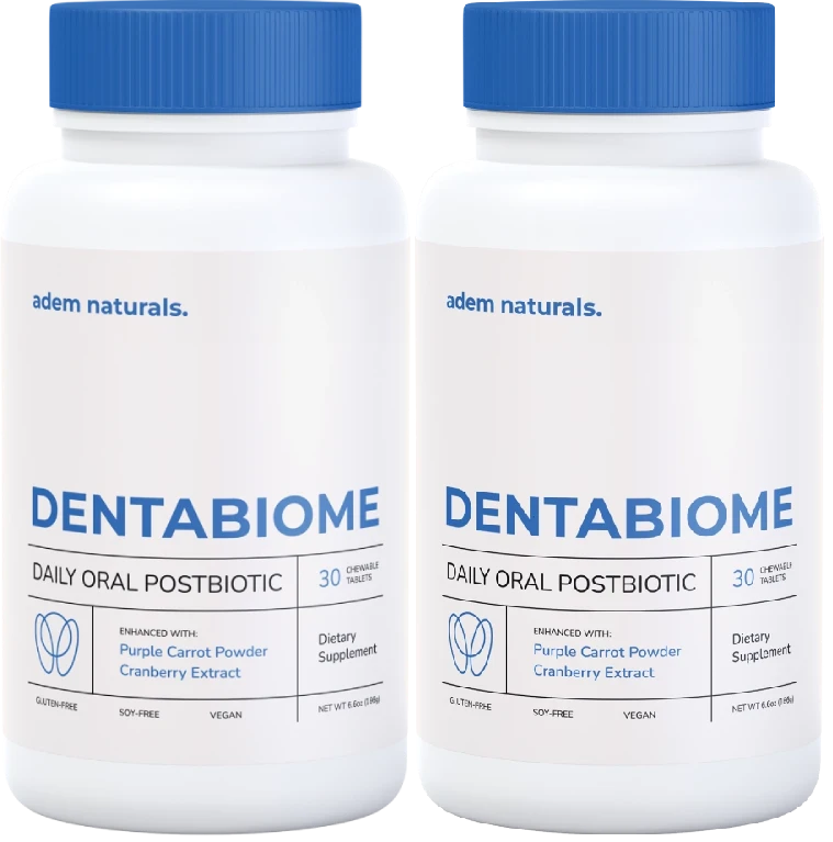 Two bottles of DentaBiome oral probiotic chewable supplement