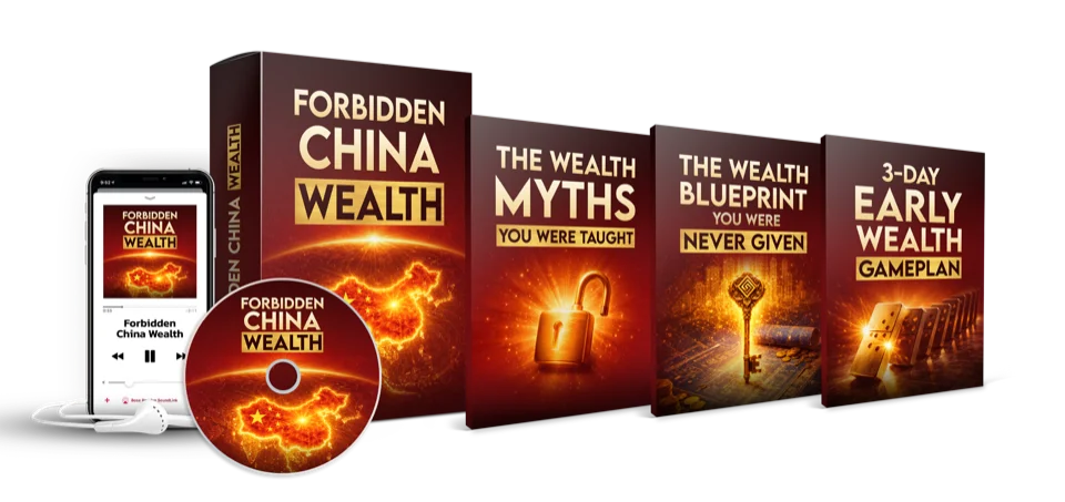 Forbidden China Wealth digital audio program with bonus PDF guides, shown as a mobile app, audio disc and e-book bundle
