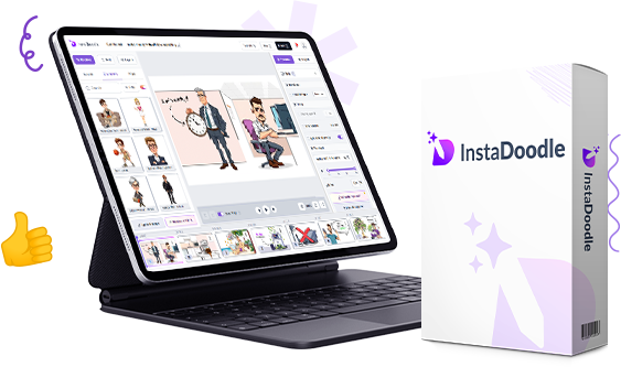 InstaDoodle review — the AI whiteboard and doodle video software shown as an app interface on a tablet next to the product box, from the official sales page