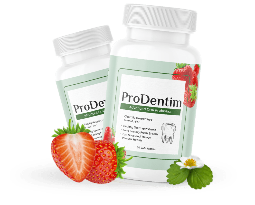 ProDentim oral probiotic bottle with strawberry flavoring