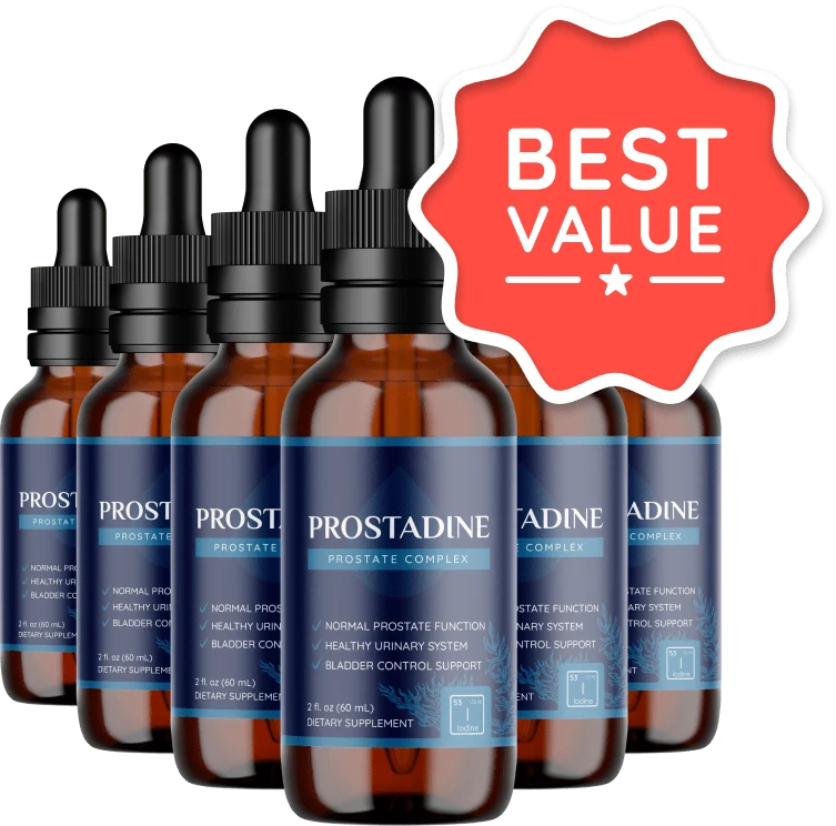 Prostadine review — official Prostadine prostate-support liquid-dropper supplement bottles (6-bottle pack)