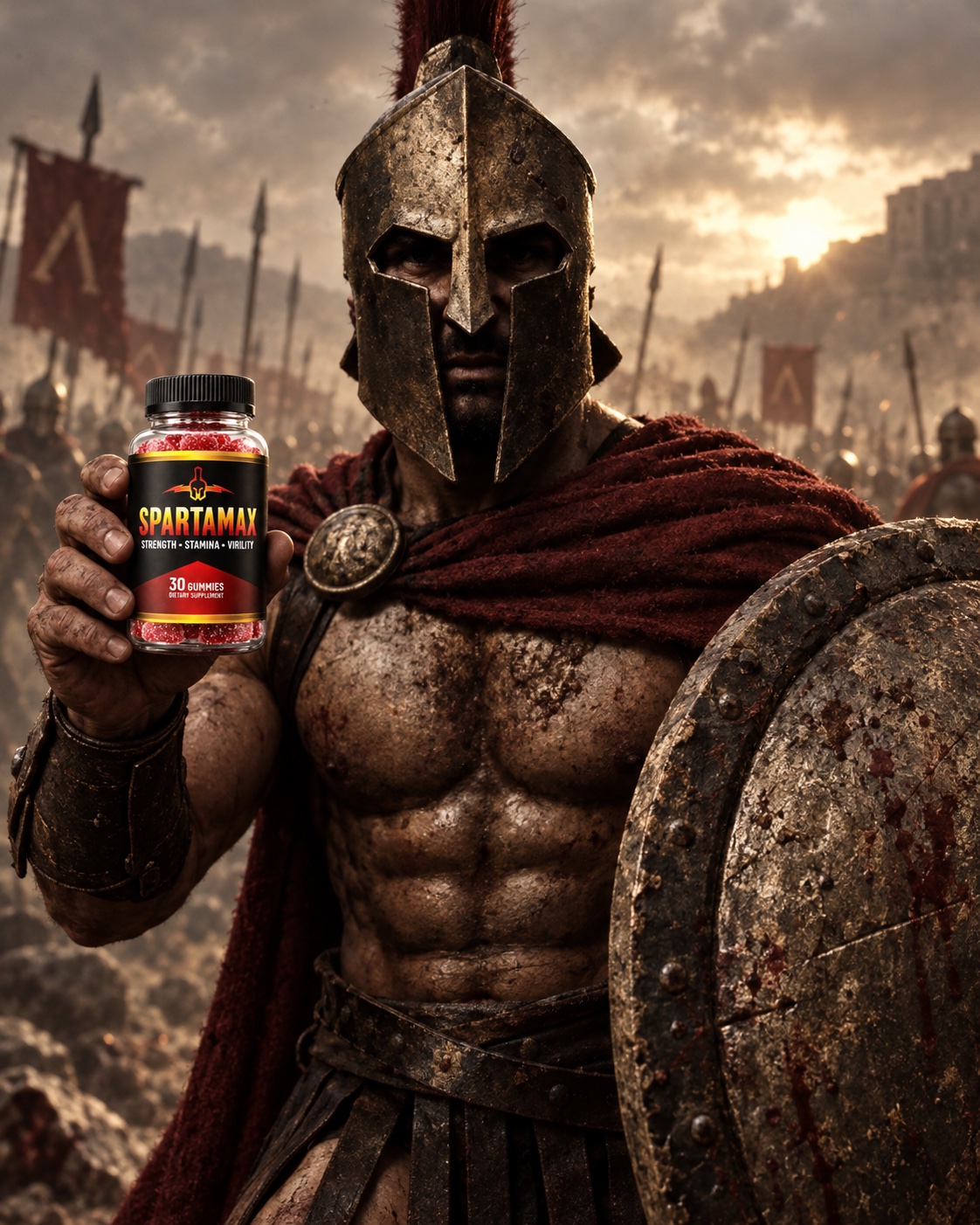 SpartaMax review — gummies bottle held up in the maker's Spartan-warrior marketing image