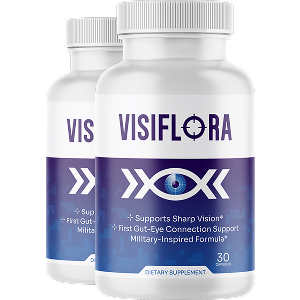 VisiFlora dietary supplement bottles, 30 capsules per bottle, gut-eye vision formula
