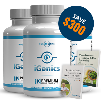 iGenics (Vision Breakthrough) vision supplement shown in a three-bottle package