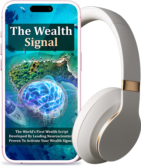 The Wealth Signal review — the manifestation and brainwave audio program shown as a phone cover with headphones from the official sales page
